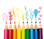 A large selection of multicolored, sharpened pencil crayons, set out in a neat line pointing upwards, sketch cute little flowers on a white background, possibly a sketchpad 