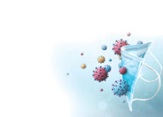 Fighting coronavirus concept: Blue protective surgical face mask surrounded by COVID-19 virus on blue background 